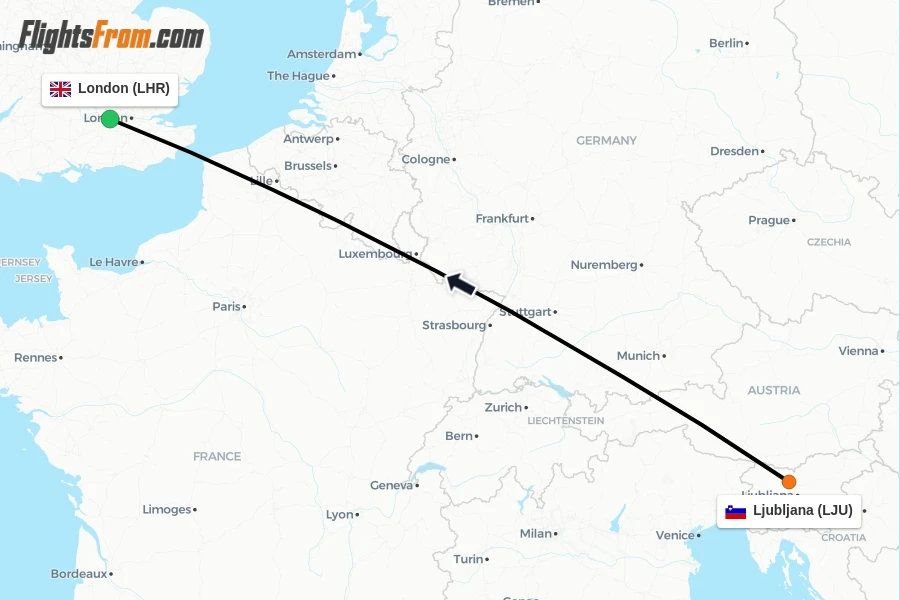Flights from Ljubljana to London route map