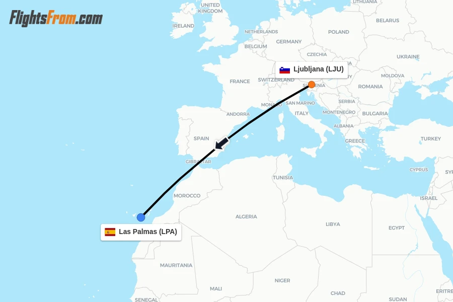 Flights from Ljubljana to Las Palmas route map