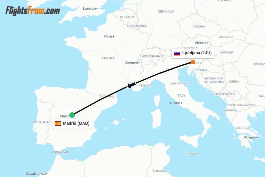 Flights from Ljubljana to Madrid route map