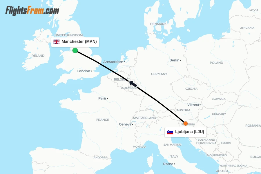Flights from Ljubljana to Manchester route map