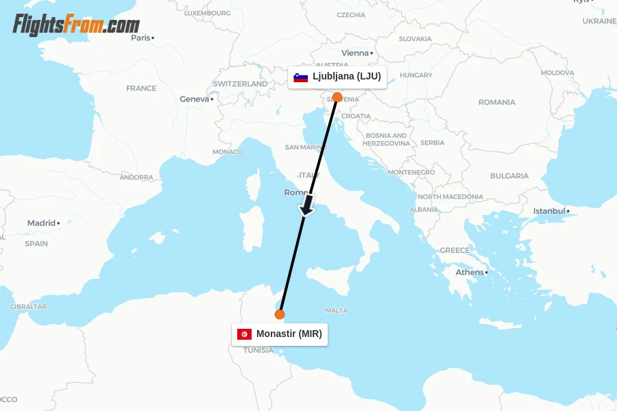 Flights from Ljubljana to Monastir route map