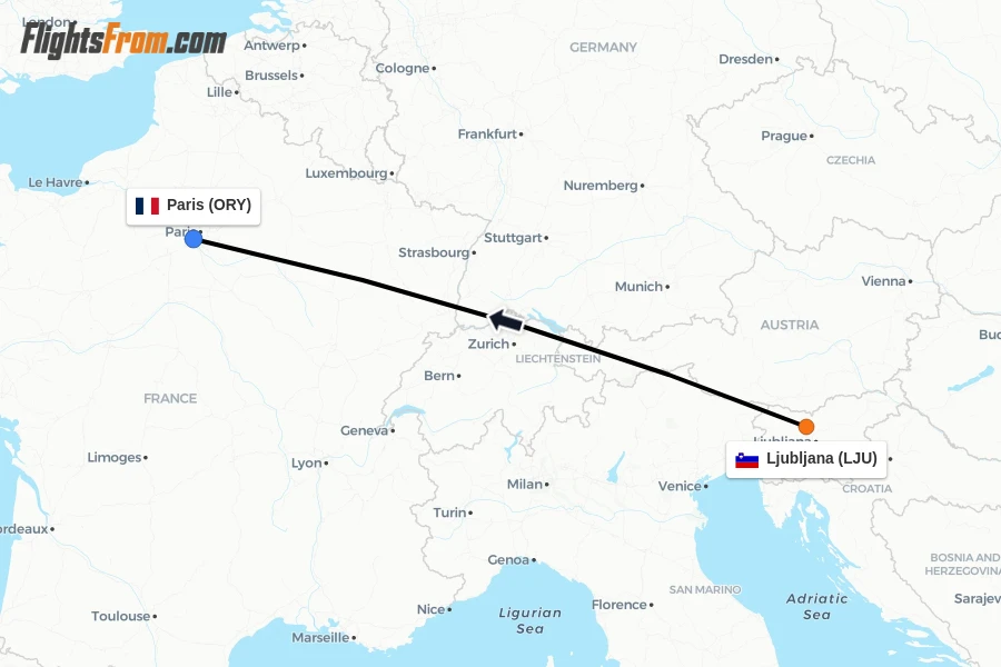 Flights from Ljubljana to Paris route map