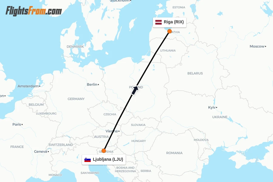 Flights from Ljubljana to Riga route map
