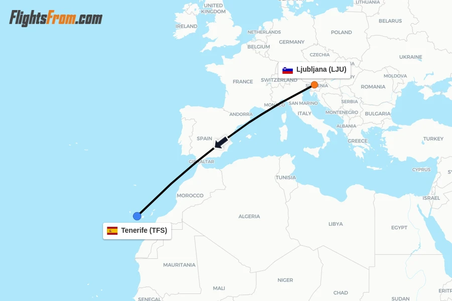 Flights from Ljubljana to Tenerife route map