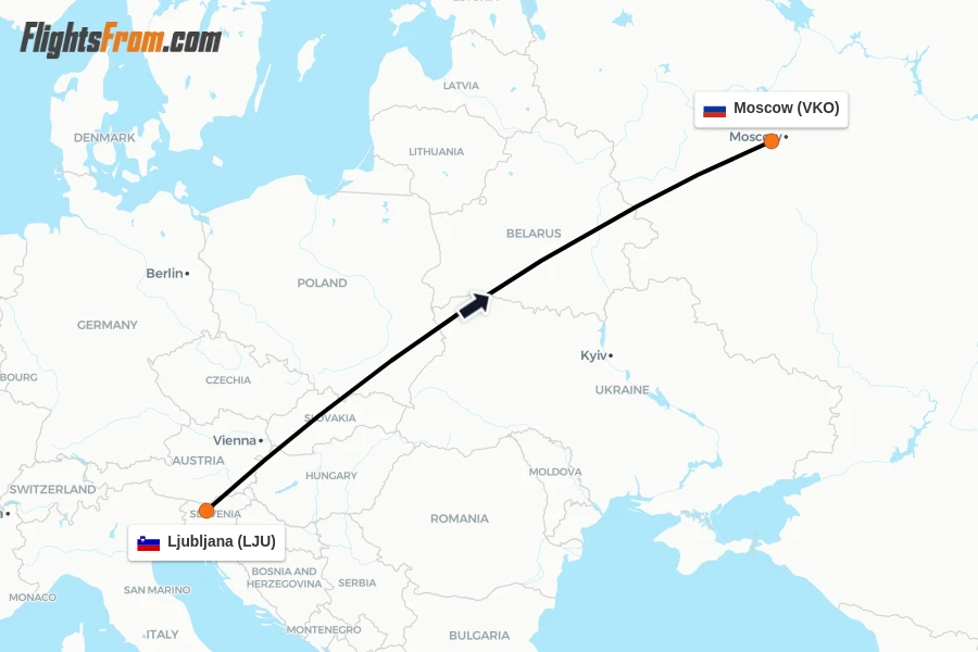 Flights from Ljubljana to Moscow route map