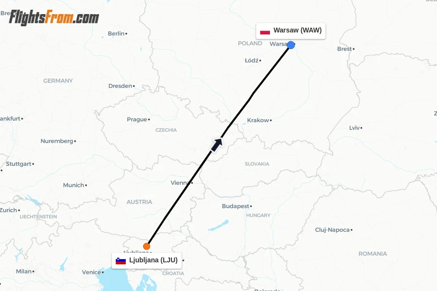 Flights from Ljubljana to Warsaw route map