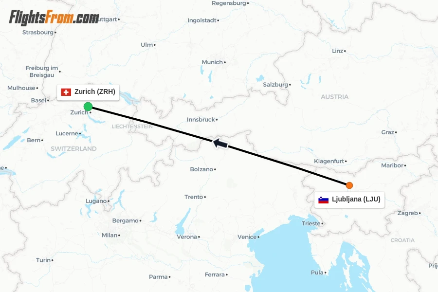 Flights from Ljubljana to Zurich route map