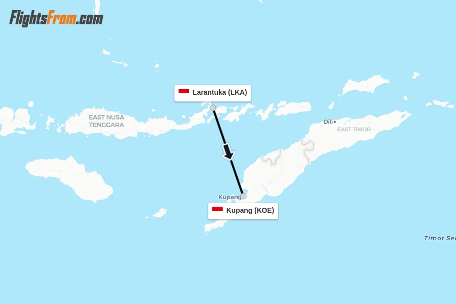 Flights from Larantuka to Kupang route map