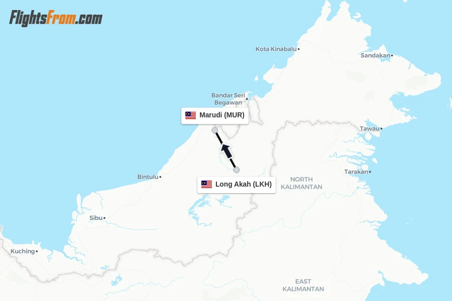 Flights from Long Akah to Marudi route map
