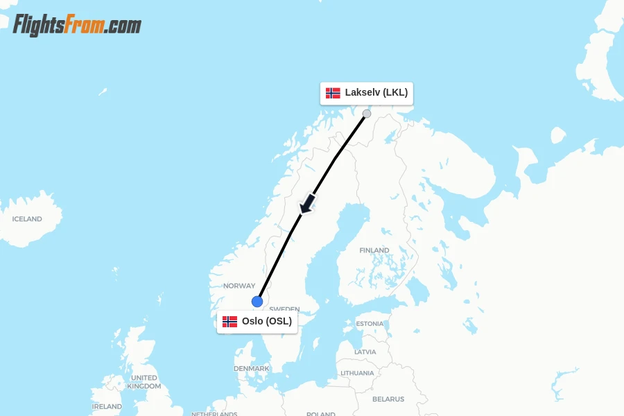 Flights from Lakselv to Oslo route map