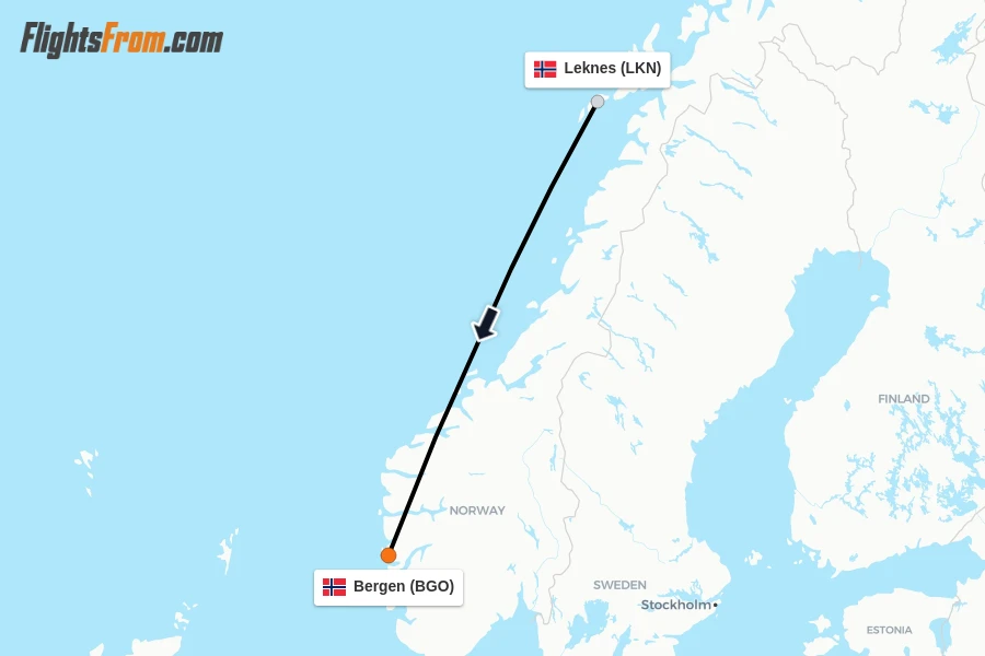 Flights from Leknes to Bergen route map