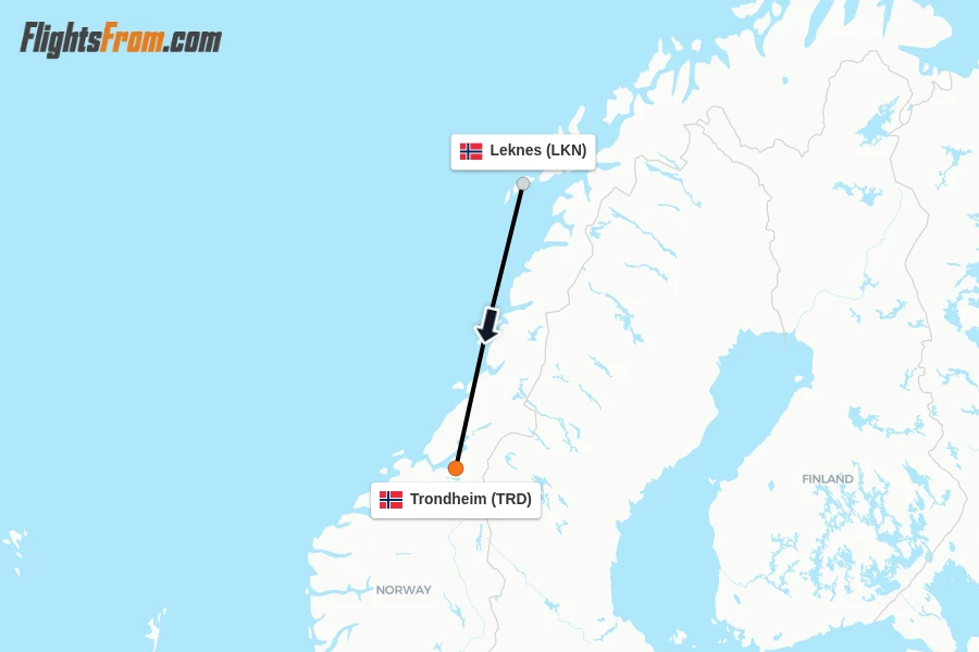 Flights from Leknes to Trondheim route map
