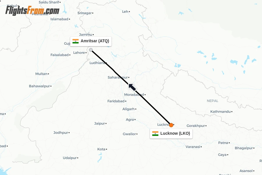Flights from Lucknow to Amritsar route map