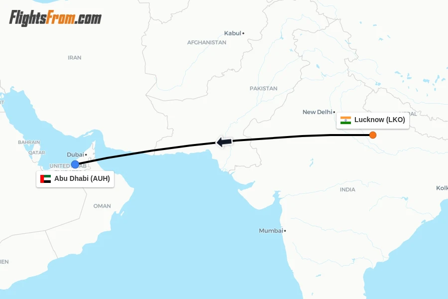 Flights from Lucknow to Abu Dhabi route map