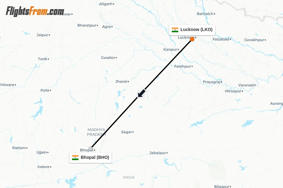 Flights from Lucknow to Bhopal route map
