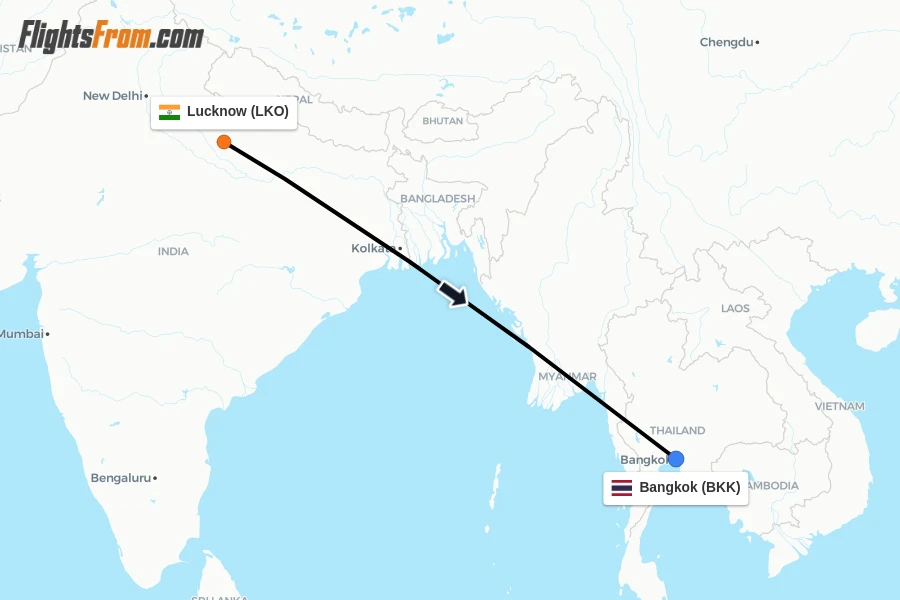 Flights from Lucknow to Bangkok route map