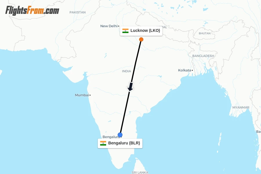 Flights from Lucknow to Bengaluru route map