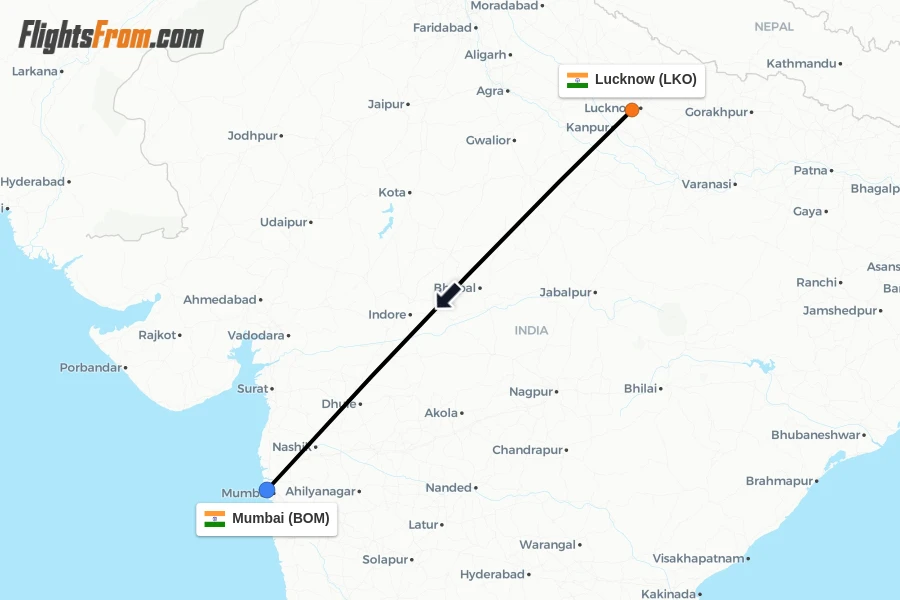 Flights from Lucknow to Mumbai route map