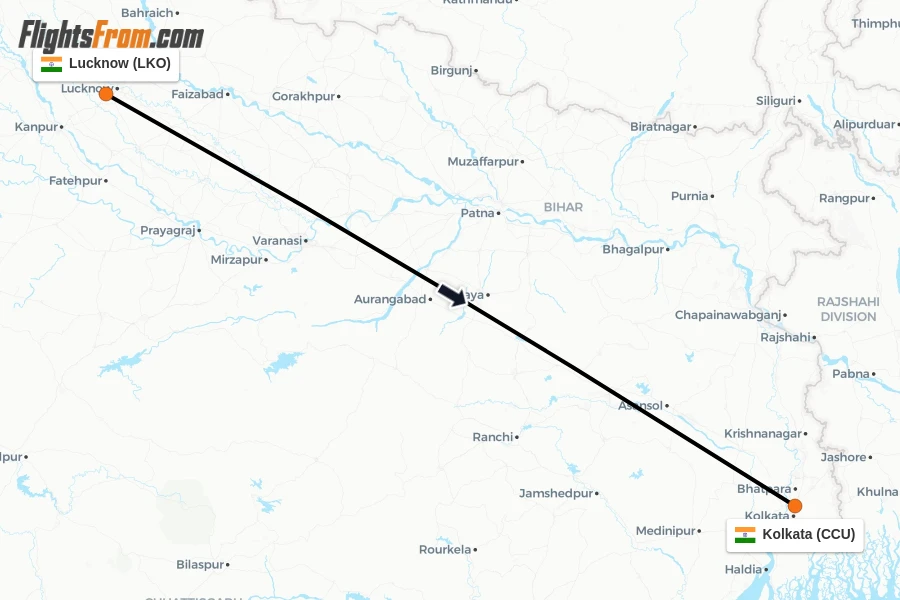 Flights from Lucknow to Kolkata route map