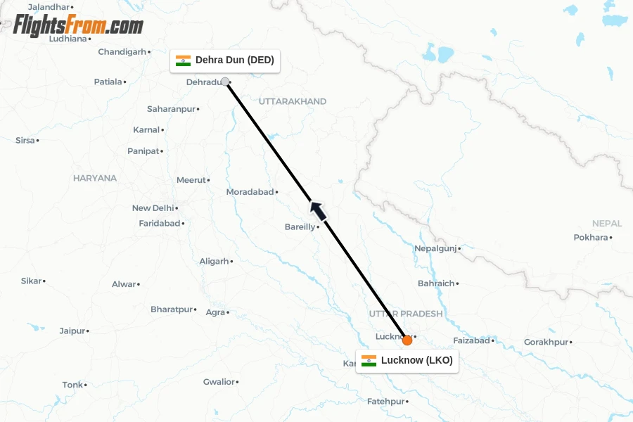 Flights from Lucknow to Dehra Dun route map