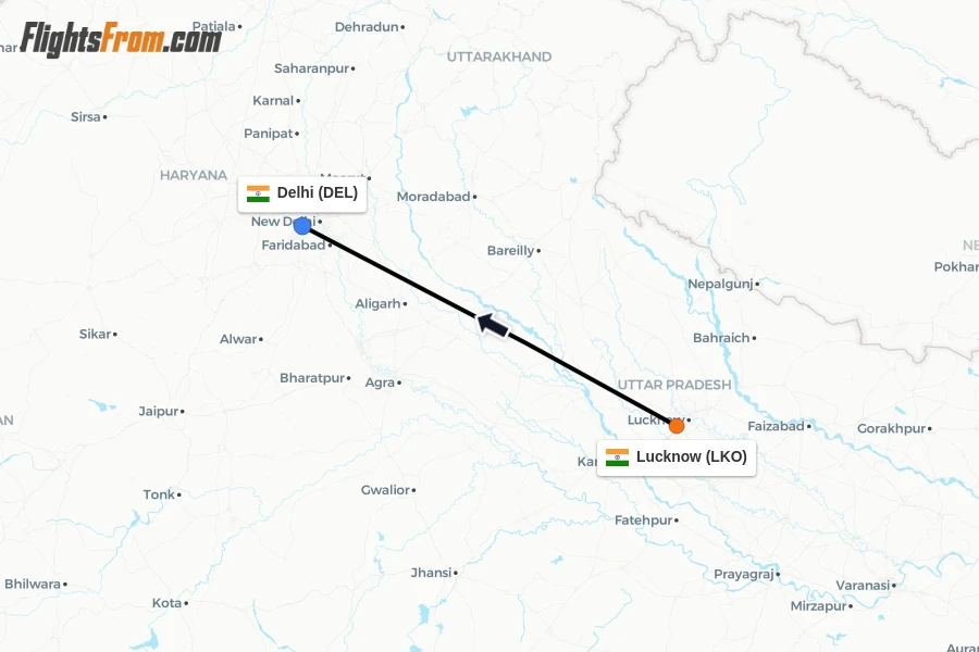 Flights from Lucknow to Delhi route map