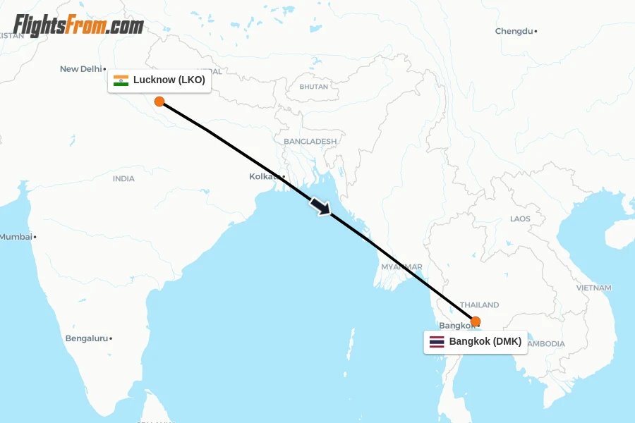 Flights from Lucknow to Bangkok route map