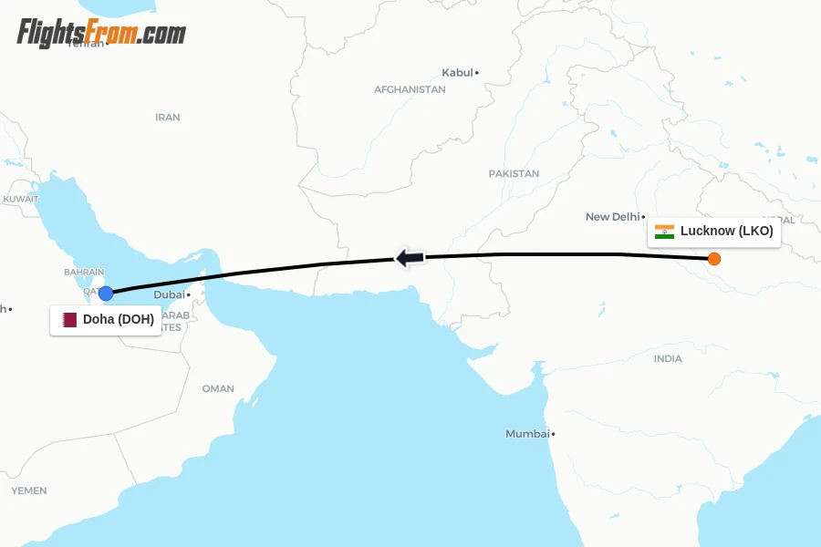 Flights from Lucknow to Doha route map