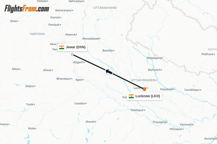 Flights from Lucknow to Jewar route map