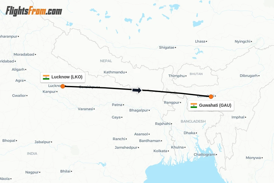 Flights from Lucknow to Guwahati route map