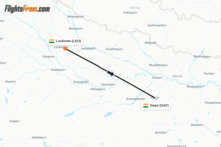 Flights from Lucknow to Gaya route map