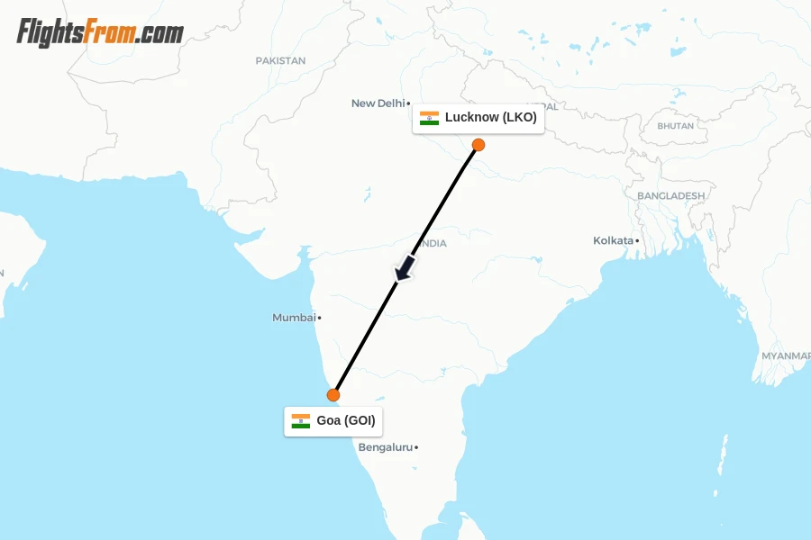Flights from Lucknow to Goa route map