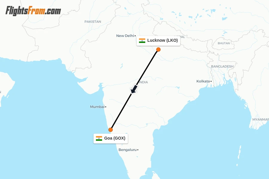 Flights from Lucknow to Goa route map