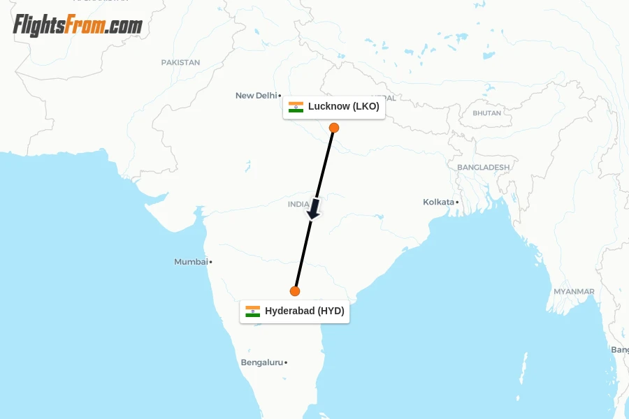 Flights from Lucknow to Hyderabad route map