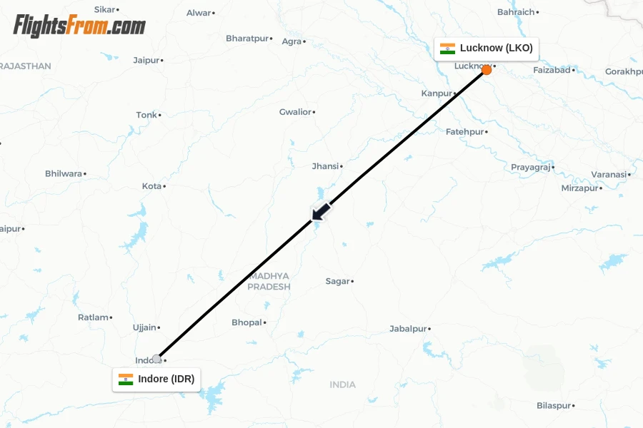 Flights from Lucknow to Indore route map