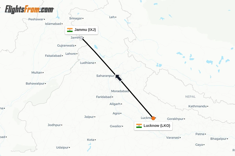 Flights from Lucknow to Jammu route map