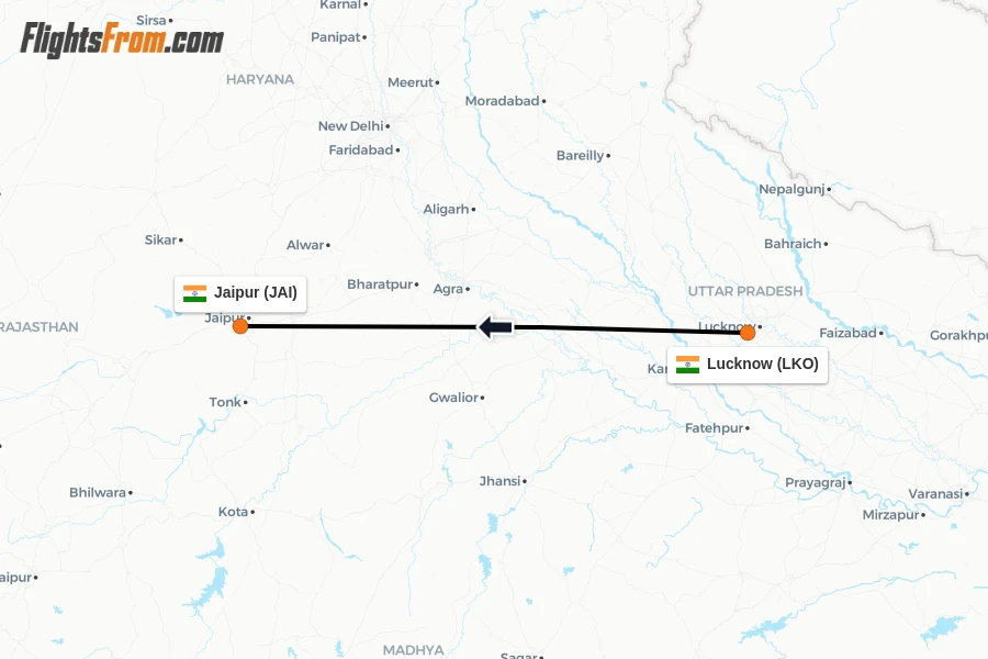Flights from Lucknow to Jaipur route map