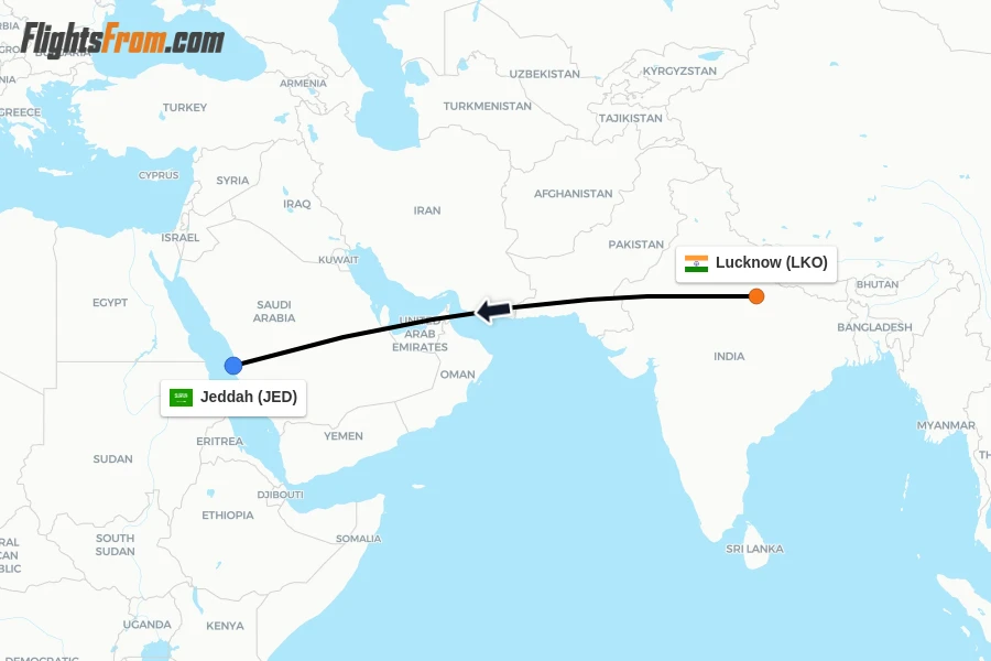 Flights from Lucknow to Jeddah route map