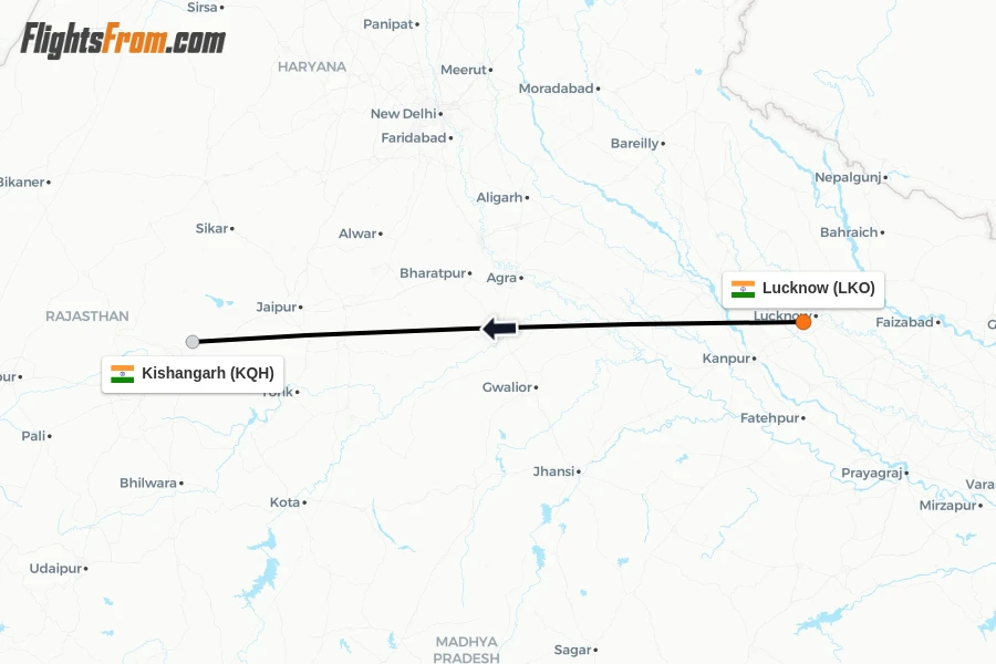 Flights from Lucknow to Kishangarh route map