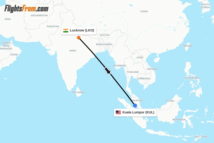 Flights from Lucknow to Kuala Lumpur route map