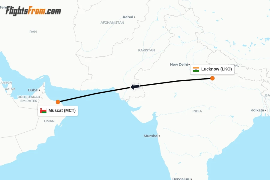 Flights from Lucknow to Muscat route map