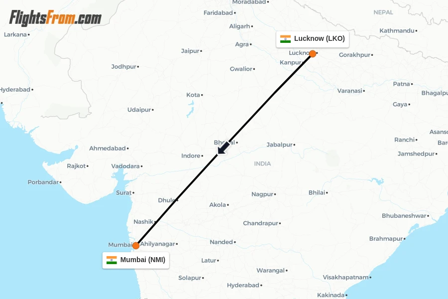Flights from Lucknow to Mumbai route map