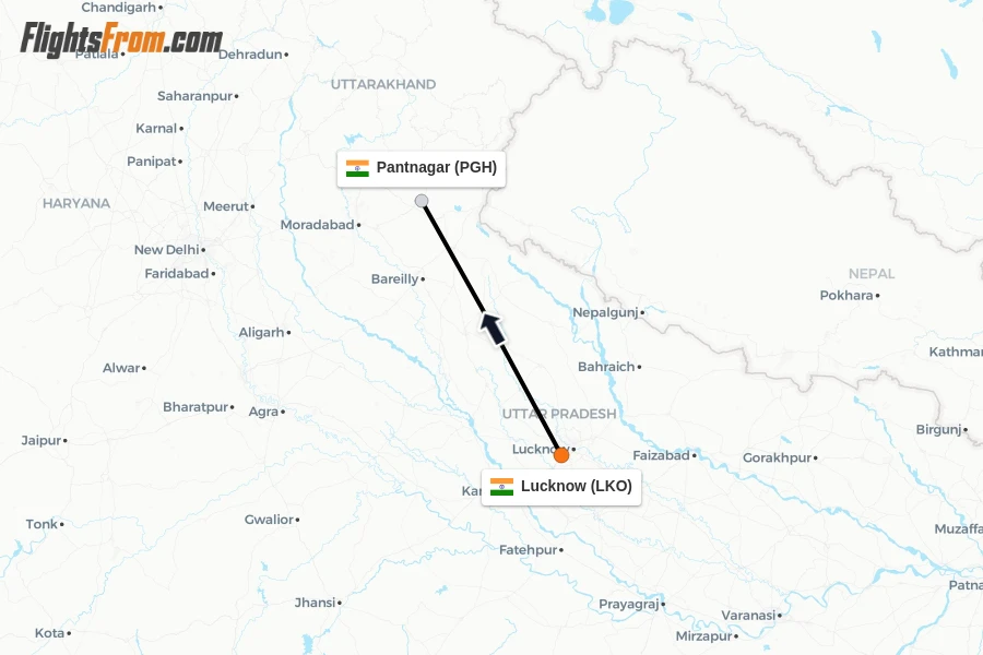 Flights from Lucknow to Pantnagar route map