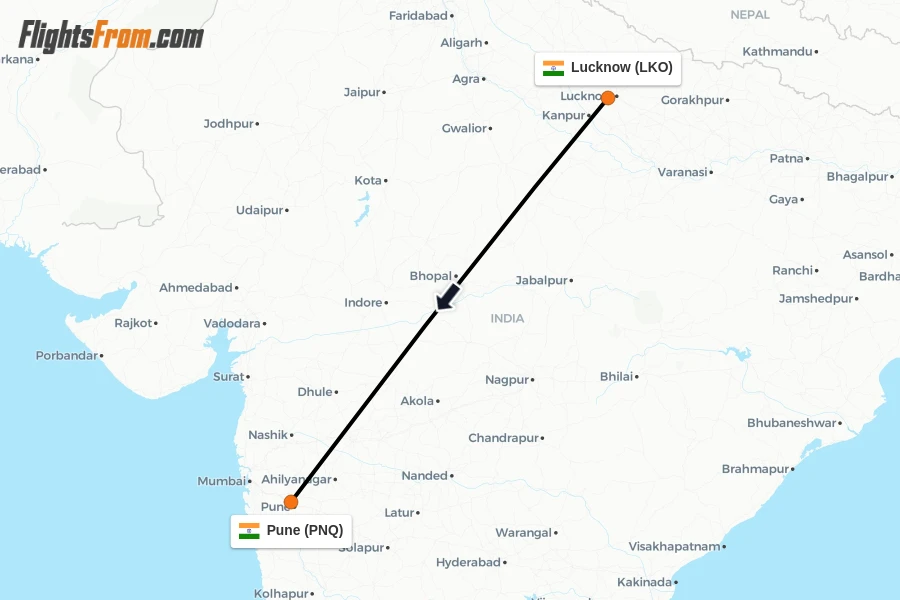 Flights from Lucknow to Pune route map