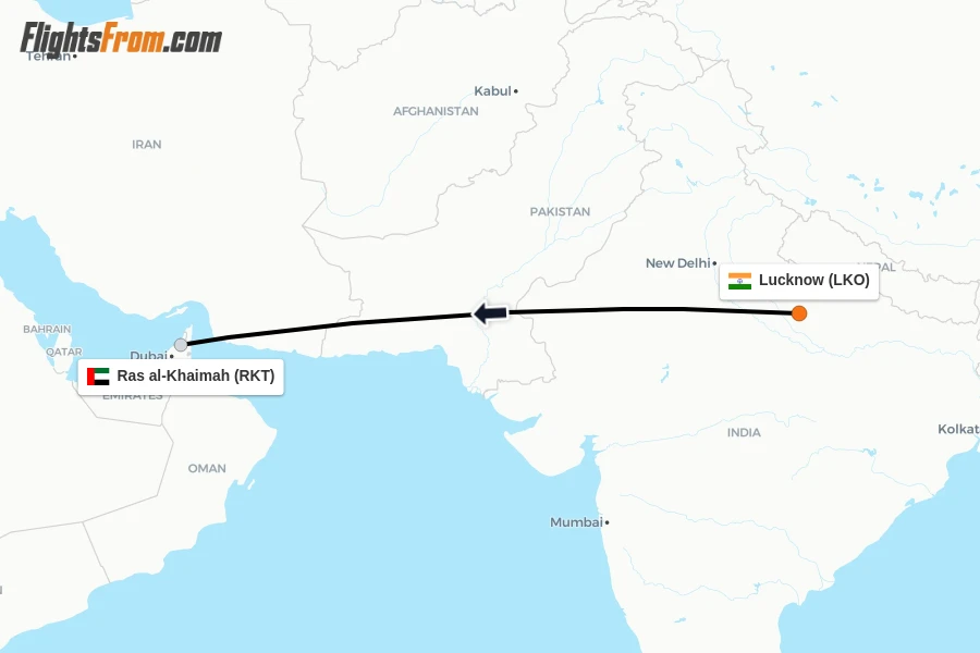 Flights from Lucknow to Ras al-Khaimah route map
