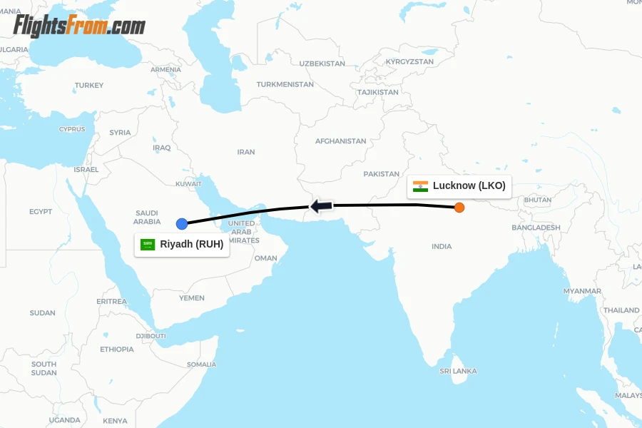 Flights from Lucknow to Riyadh route map