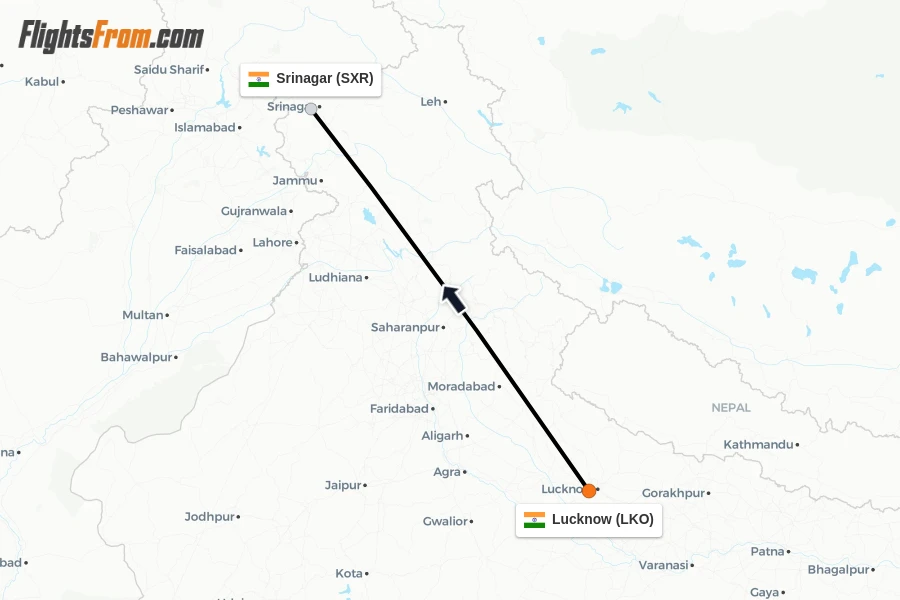 Flights from Lucknow to Srinagar route map