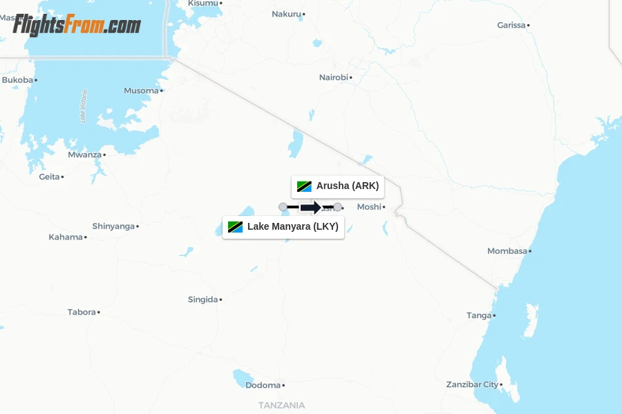 Flights from Lake Manyara to Arusha route map