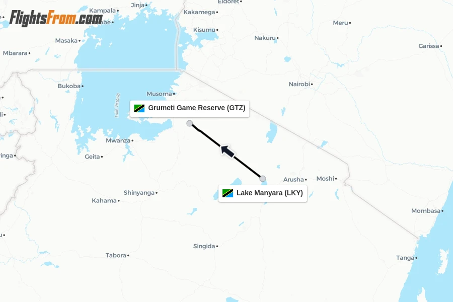 Flights from Lake Manyara to Grumeti Game Reserve route map