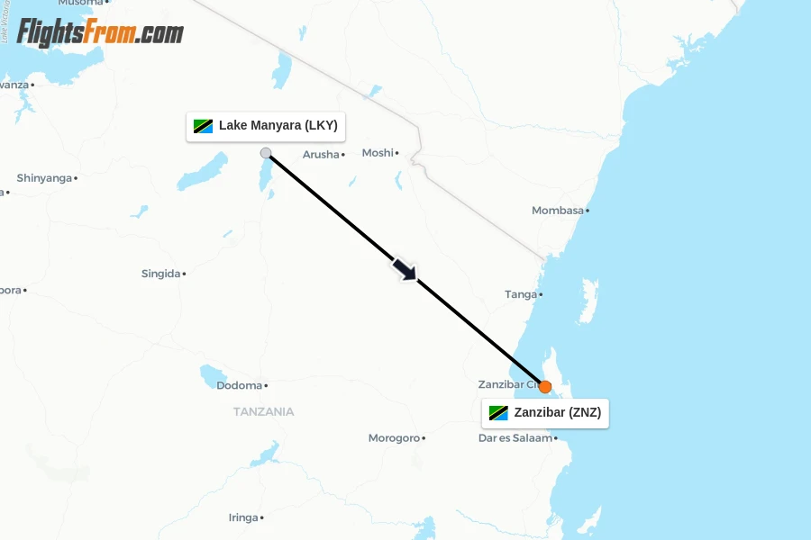 Flights from Lake Manyara to Zanzibar route map