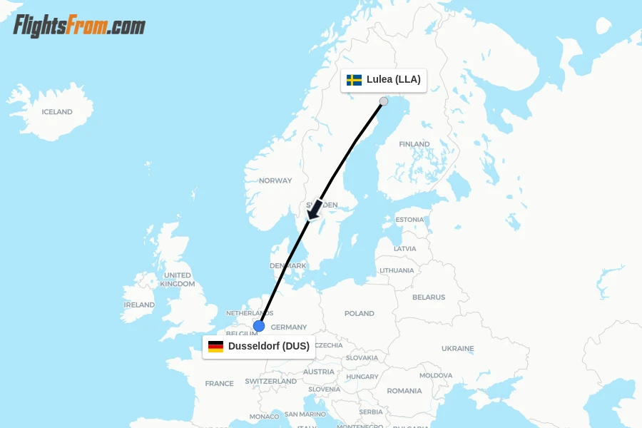 Flights from Lulea to Dusseldorf route map